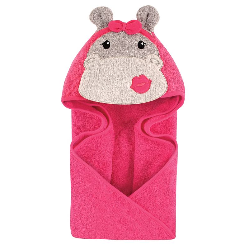 Hudson Baby Infant Girl Cotton Animal Face Hooded Towel, Hippo, One Size, 1 of 3