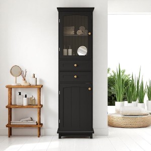 Tall Bathroom Storage Cabinet with Glass Doors, 2 Drawers, Adjustable Shelves, and Gold Handles – Freestanding Display Cabinet - 1 of 4