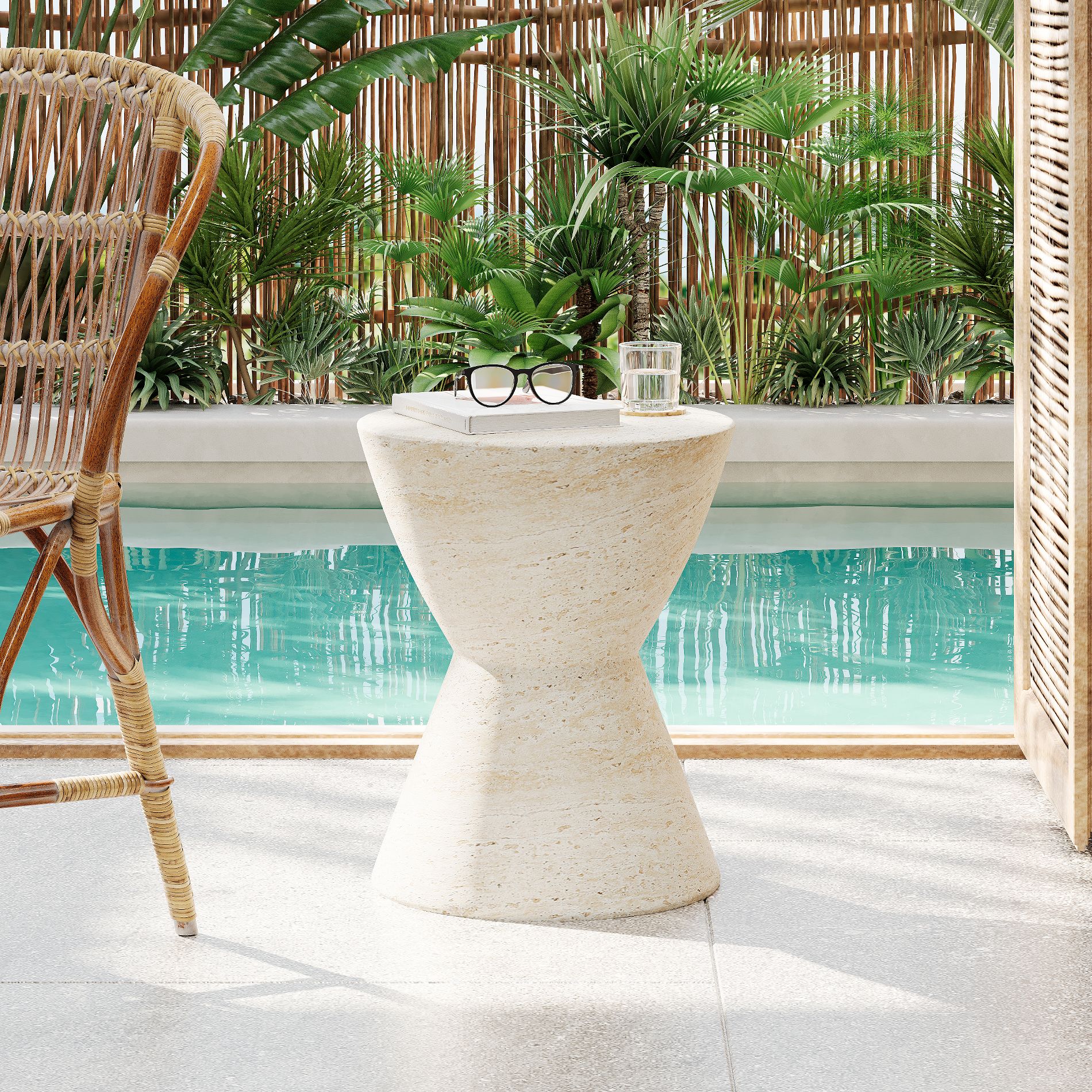 ModernLuxe 15" Hourglass Outdoor End Table Lightweight Concrete Side Table, Faux Travertine Stone Accent Table, No Assembly Required, Beige