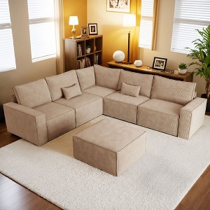 XIZZI Modular Corduroy Sectional Sofa: 5 Sold-Separately Units (Corner, Arms, Ottoman) | Black/Camel | Standard/Large Cushion Options | DIY Friendly - 1 of 4