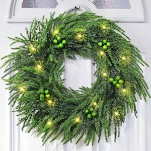 24 Inch Real Norfolk Pine Wreath with Lights for Front Door Winter Decor Outdoor Indoor Xmas Wreath Large Green - 1 of 4