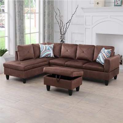 AndMakers 97 in. W Square Arm 3-piece L Shaped Microfiber Modern Sectional Sofa in Brown with Storage