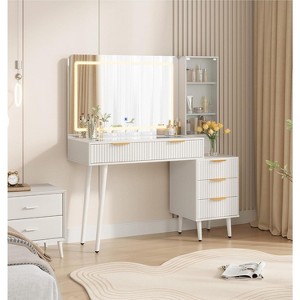 48" Fluted Makeup Vanity Desk with 3-Mode Lights Mirror, Makeup Vanity Glass Top & Power Outlet - Modern Dressing Table for Bedroom - 1 of 4