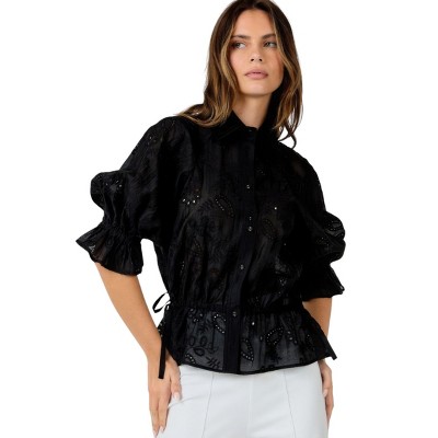 Slickblue Women's Button-Down Collar Embroidered Top, Textured Fabric, Gathered Hem, Black, Size S-L