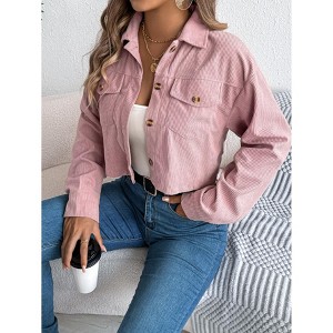 Womens Corduroy Shirt Jacket Long Sleeve Lapel Button Pocket Cropped Jacket Pink XL - 1 of 3