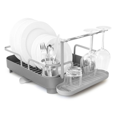  Simplehuman Kitchen Dish Drying Rack with Swivel Spout,  Fingerprint-Proof Stainless Steel Frame, Grey Plastic