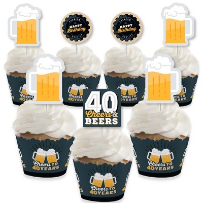 Big Dot of Happiness Cheers and Beers to 40 Years - Cupcake Decoration - 40th Birthday Party Cupcake Wrappers and Treat Picks Kit - Set of 24