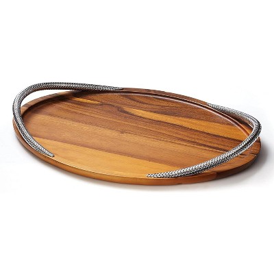 Nambe Braid Large Acacia Wood Serving Tray with Metal Alloy Handles, Platters for Serving Snacks, Food, Cookies,Natural