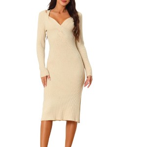 Seta T Women's Fall Winter Long Sleeve V Neck Ribbed Knit Side Slit Twist Front Midi Sweater Dress - 1 of 4