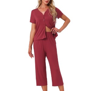 INSPIRE CHIC Womens Capri Pajamas Set Short Sleeve Button Down Sleepwear V Neck Pjs 2 Piece Lounge Set - 1 of 4