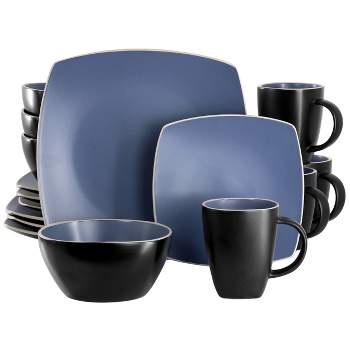 Gibson Soho Lounge 16 Piece Square Stoneware Dinnerware Set in Matte Blue and Black