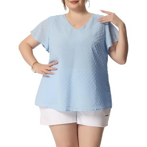 Agnes Orinda Women's Plus Size Swiss Dot V-Neck Tops with Flutter Sleeves - 1 of 4