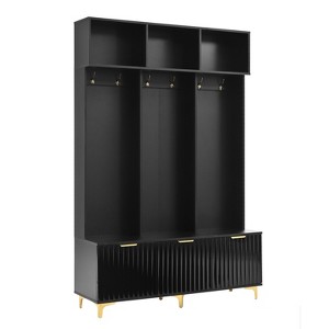 Vynxaria Entrance Porch Friendly: White Independent Modern Storage Coat Rack with Multifunctional Bench, 6 Gold Hooks, High Gloss Grooved Doors - 1 of 4