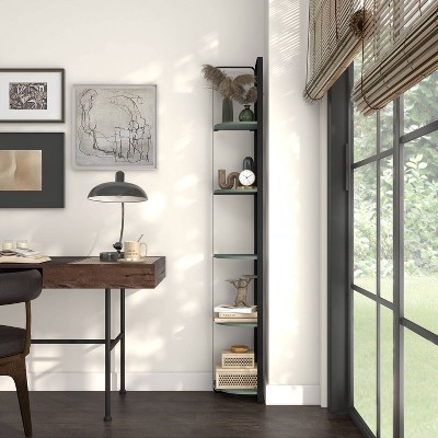 Naija Sage Green 71" Minimalist Corner Bookcase with Black Metal Frame