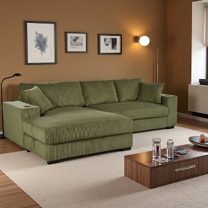 111.5" Corduroy L-Shaped Sectional Sofa with Wide Chaise, Thick Cushions, Cup Holders & USB Ports - 1 of 4