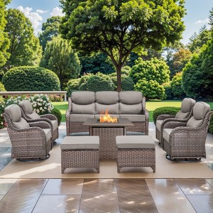 Gymojoy 8 Pieces Outdoor Patio Wicker Sofa Swivel Chair Ottoman with 6 Inch Cushions and Fire Pit Table - 1 of 4