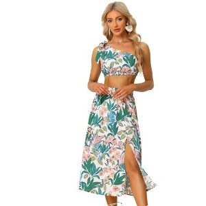 Allegra K Women's Floral Printed Crop Tube Tops Split Long Skirtr Skirt Set 2 Piece Outfit - 1 of 4
