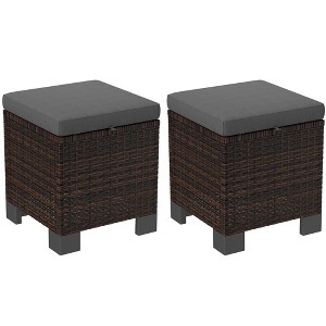 Outsunny 2 Pieces Wicker Outdoor Ottomans with Cushions, 3-in-1 PE Rattan Ottoman Seat, Footrest and Side Table for Backyard, Poolside - 1 of 4