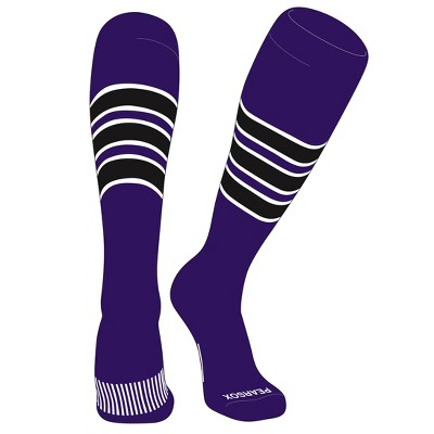 PEAR SOX Striped OTC Baseball, Softball, Football Socks (C) Purple, White, Black (XL)