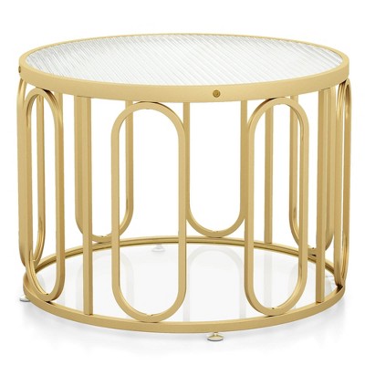 Tangkula 2-Tier 24" Round Coffee Table w/ Oval Swivel Brackets & Reeded Tempered Glass