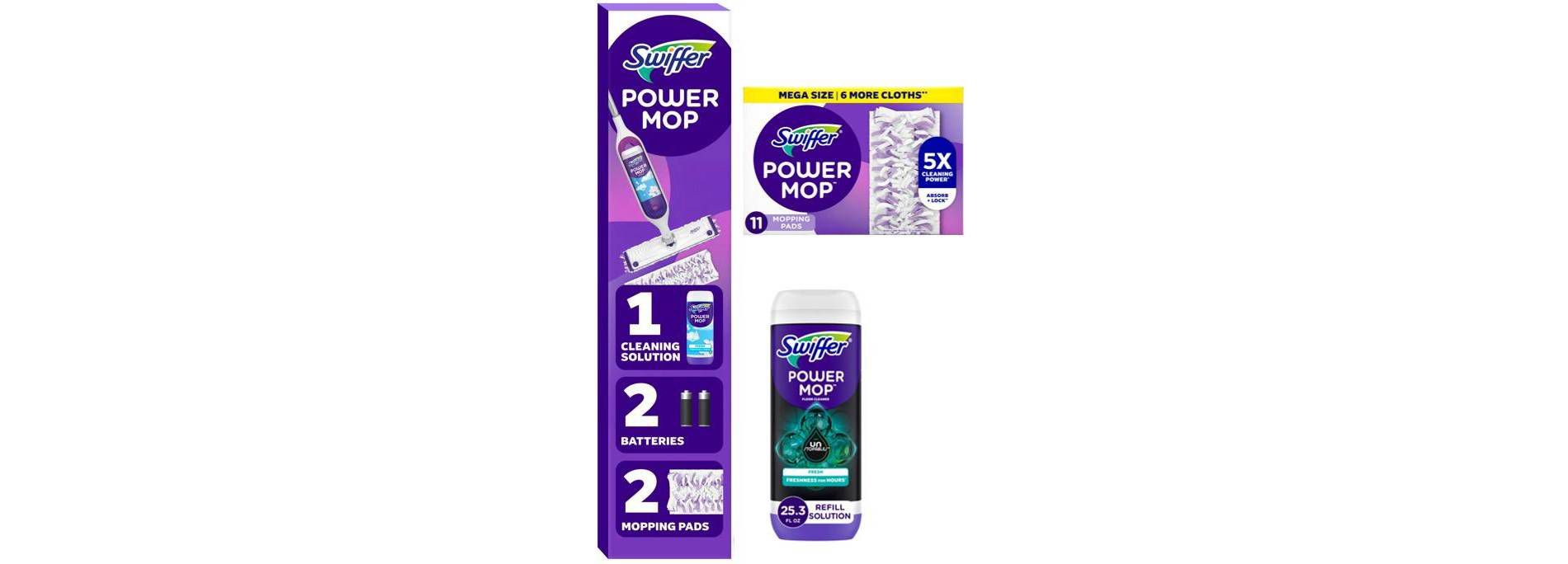 Swiffer Power Mop Multi-Surface Mop Kit for Floor Cleaning + 2ct/50.7 fl oz Unstopables Fresh Floor Cleaner Refill + 11ct Refill Pads