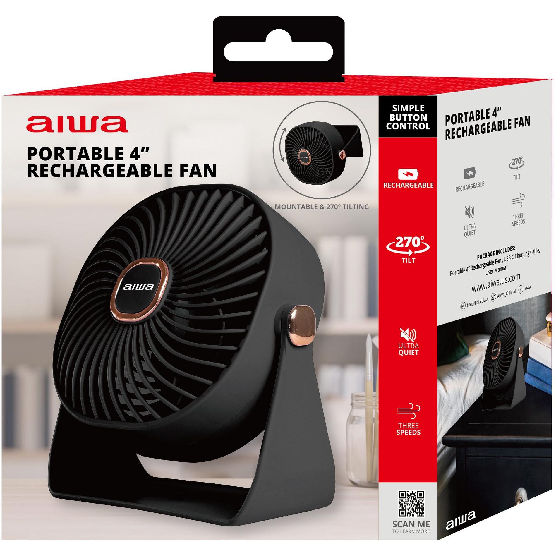 Aiwa 4 Inch Desk Fan, USB-C Rechargeable Mini Fan with 3 Speeds and 270-Degree Rotation, White
