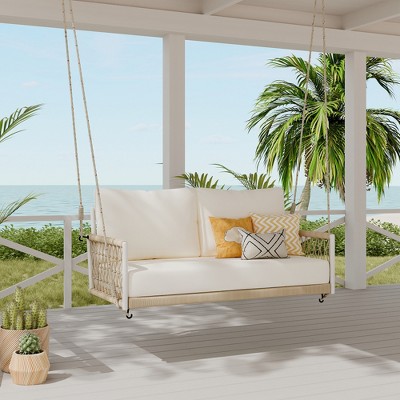 SKRAN 51.6" L  Woven Rope Outdoor Swing Lounger, Hanging Porch Swing Sofa with Soft Cushions 2-Seats for Patio,Courtyard and Balcony