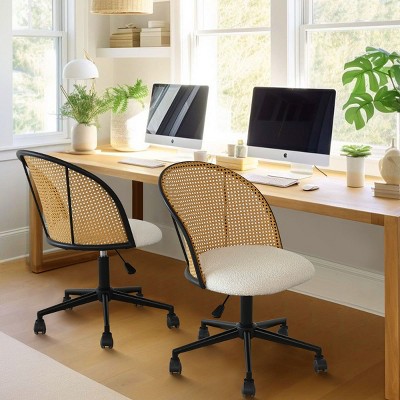 Rattan Home Office Chair,Adjustable Swivel Boucle Office Chair with Rattan Back,Upholstered Swivel Task Chair with Wheels-The Pop Home