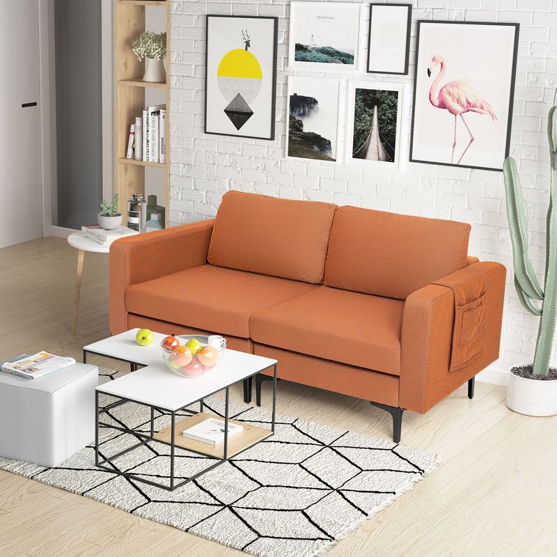 Costway Modern Loveseat Linen Fabric 2-Seat Sofa Couch w/ Side Storage Pocket Green\Orange, 3 of 11