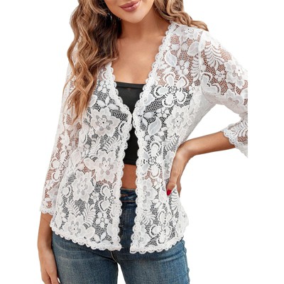 Women's Lace Cardigan Shrug Tops 3/4 Sleeve Open Front Summer Beach Cover Up