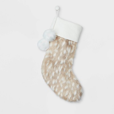Deer Look Faux Fur Christmas Stocking with Pom Poms - Wondershop™