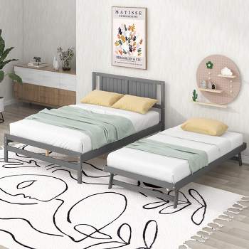 Full Size Wood Platform Bed with Adjustable Trundle Bed-ModernLuxe