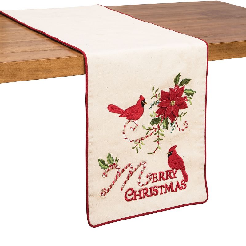 C&F Home Holiday "Merry Christmas" Sentiment with Red Cardinal Cane 14" X 72" Cotton Machine Washable Embroidered Table Runner, 2 of 5