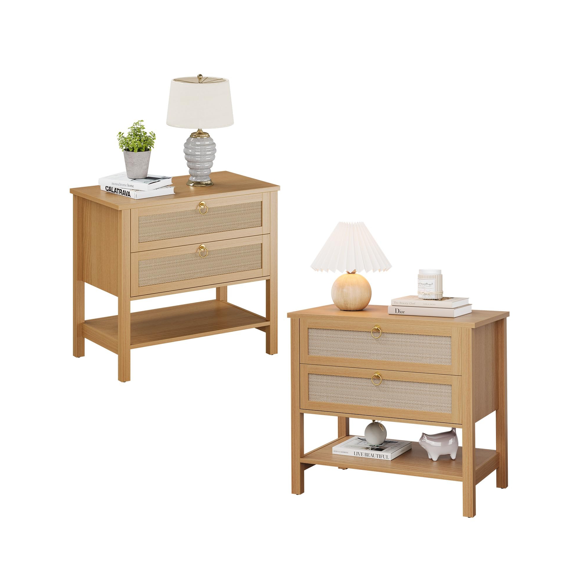 Rattan Nightstand Set of 2 - Cherry Wood Mid-Century Modern Bedside Tables with Drawers & Shelf (Narrow Design for Bedroom/Living Room)