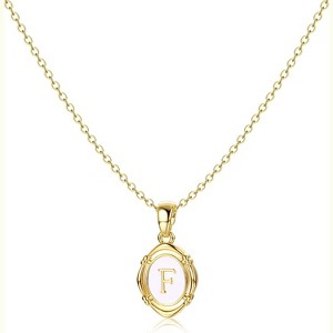 14K Gold Plated Oval Initial Necklace White Enamel Personalized Jewelry - 1 of 4