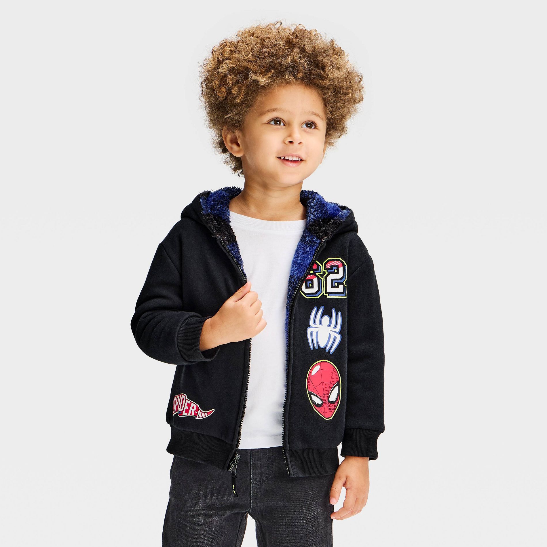 Toddler Boys' Marvel Spider-Man Cozy Plush Reversible Zip-Up Sweatshirt - Black/Blue