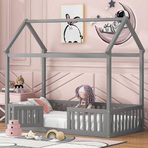 Twin/Full Size Wood House Bed with Fence and Door 4N - ModernLuxe - 1 of 4