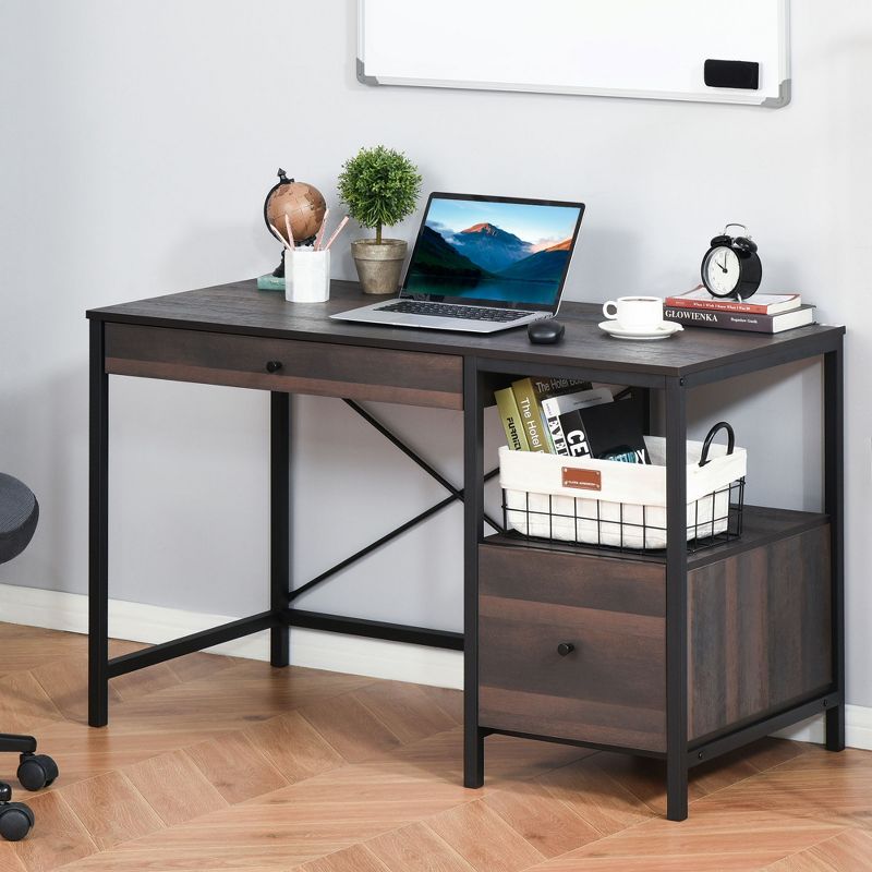 HOMCOM Industrial Style Home Office Desk with Filing Cabinet Storage Drawer for Letter Size Papers and Steel Frame, Black/Walnut, 2 of 11