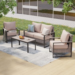 Sonkuki Outdoor Furniture Set Patio Conversation Sofa with Coffee Table Set, All-Weather PE Rattan Couch with Cushion - 1 of 4