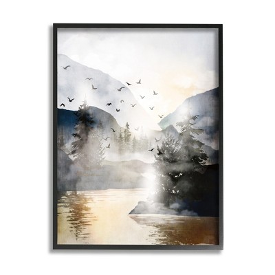 Stupell Industries Flying Birds Mountain Lake View Framed Giclee Art