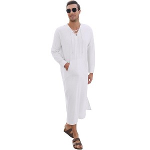 Clearlove Men's Long Sleeve Kaftan Thobe Robe Linen Cotton Blend Side Slit Lounge Shirt with Pockets Relaxation Wear - 1 of 4