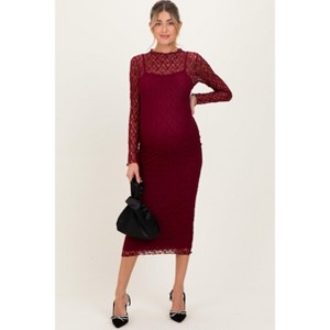 Pinkblush Burgundy Lace Overlay Fitted Maternity Midi Dress - 1 of 4