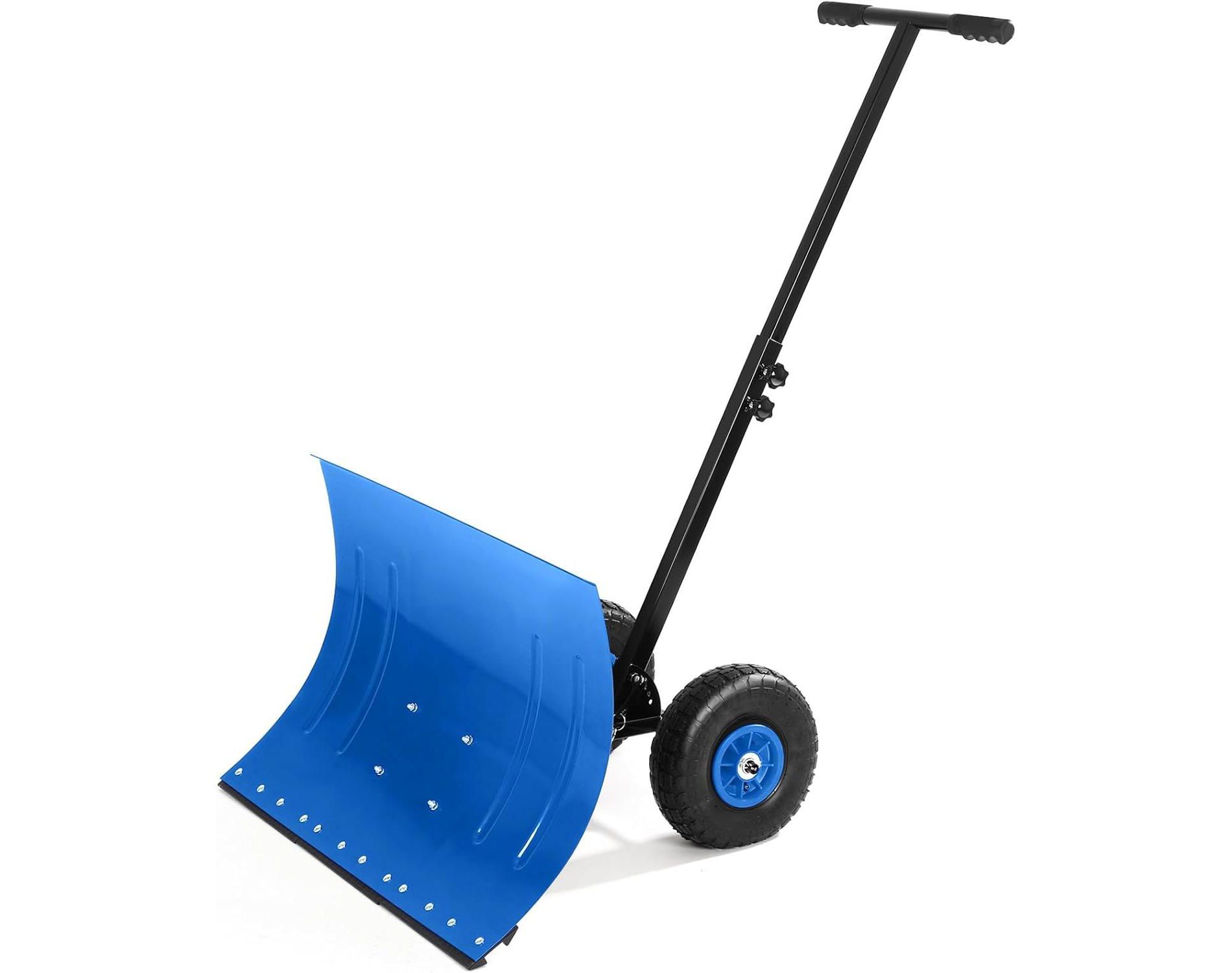 Snow Shovel with Wheels, Snow Pusher Shovel with Adjustable Angle & Height Handle, 29.1" W x 19.3" H Snow Pusher for Driveway, Pavement