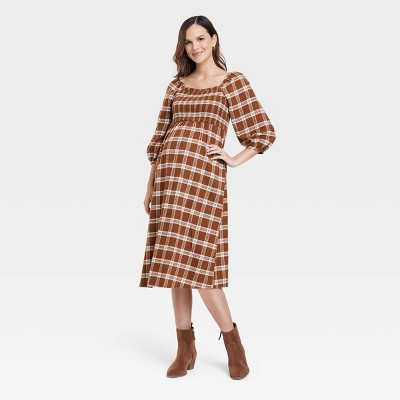 3/4 Sleeve Smocked Flannel Maternity Dress - Isabel Maternity by Ingrid & Isabel™ Brown Plaid