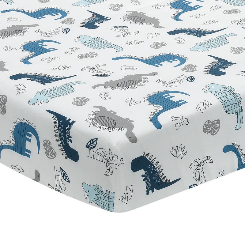 Lambs & Ivy Baby Dino 100% Cotton Blue/White/Gray Dinosaur Fitted Crib Sheet, 1 of 6