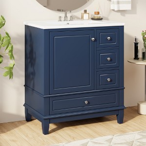 30" Bathroom Vanity with Ceramic Sink and One-Door Shelf, Water-Resistant Wood One Cabinet Vanities w/ 3 Drawers & Soft Close Door - 1 of 4