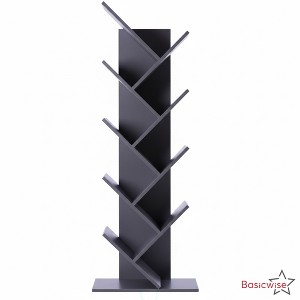 Basicwise Modern 9-Tier Wooden Tree Bookshelf Vertical Book Storage Rack Design Space-Saving Floor Standing Bookcase for Living Room Bedroom or Study - 1 of 4