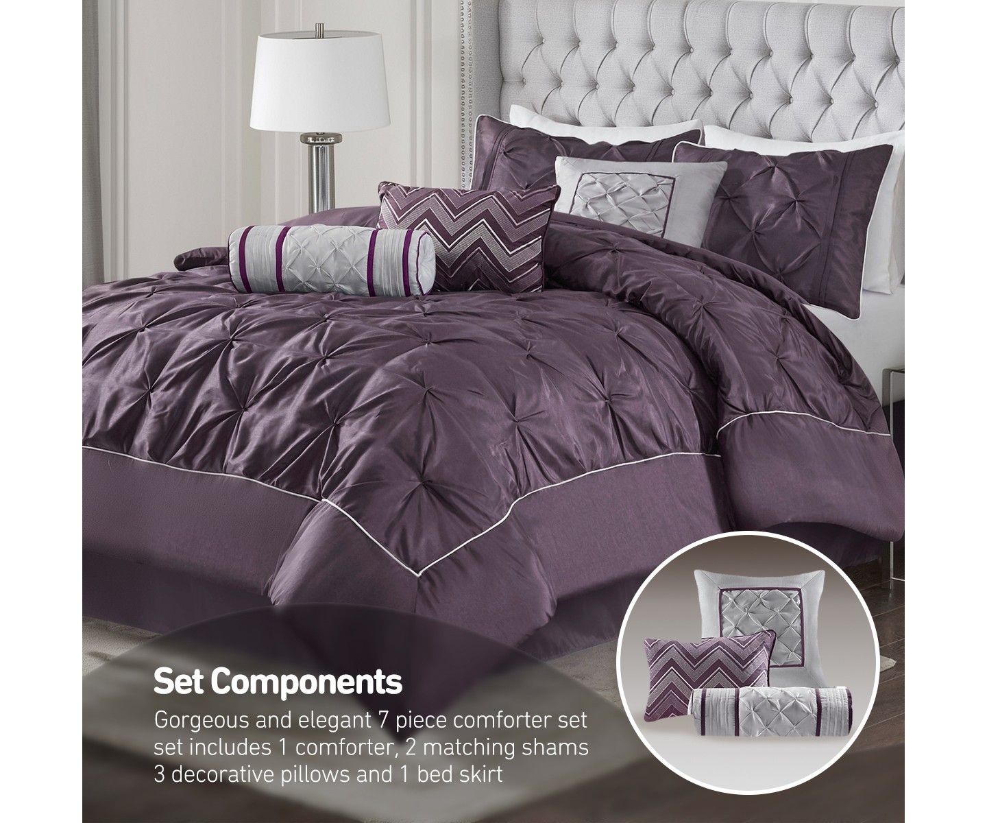 Постельное бельё Madison Park 7Pcs Ultimate Touch Biab Comforter Set, Solid Color Plain Weave Bedding Set with Matching Shams & Decorative Pillow, Plum, цвет: Сливовый — фото 3