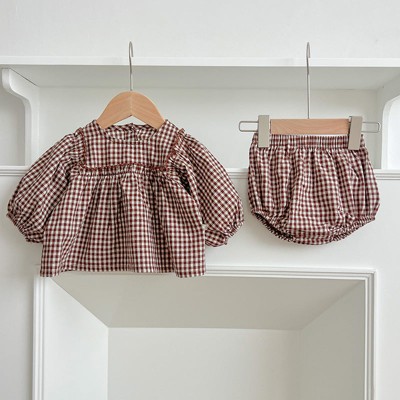 MyKids-USA Autumn Hot Selling Baby Girls Long Sleeves Plaid Top Dress And Bloomer Clothing Set