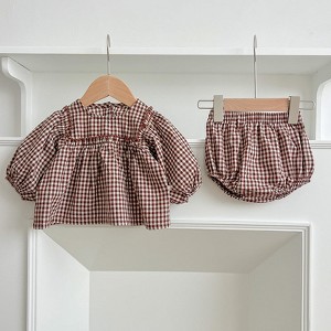 MyKids-USA Autumn Hot Selling Baby Girls Long Sleeves Plaid Top Dress And Bloomer Clothing Set - 1 of 4